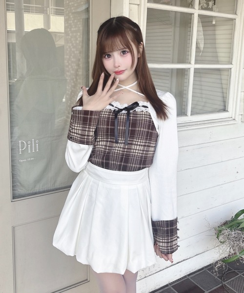 one way(ワンウェイ)の「チェック×ボレロ風トップス(Tシャツ/カットソー・レディース・ブラック系その他/ホワイト系その他/グレー系その他/ブラウン系その他/ブラウン系その他2・FREE)」の7枚目の写真