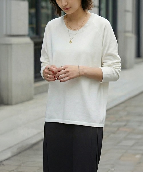 STYLE DELI（スタイルデリ）の「サラッと綿混Uネックニットトップス（ニット/セーター・レディース・ミント/ライトグレー/ホワイト・FREE）」の2枚目の写真