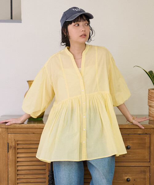 FREAK'S STORE(フリークスストア)の「インドボイル キーネック チュニックブラウス/スキッパーブラウス(シャツ/ブラウス・レディース・オフホワイト/レモンイエロー/ピンク/ブラック/ネイビー・フリ-)」の4枚目の写真