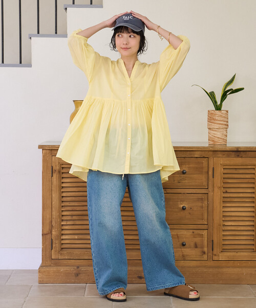 FREAK'S STORE(フリークスストア)の「インドボイル キーネック チュニックブラウス/スキッパーブラウス(シャツ/ブラウス・レディース・オフホワイト/レモンイエロー/ピンク/ブラック/ネイビー・フリ-)」の8枚目の写真