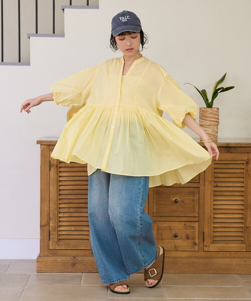 FREAK'S STORE(フリークスストア)の「インドボイル キーネック チュニックブラウス/スキッパーブラウス(シャツ/ブラウス・レディース・オフホワイト/レモンイエロー/ピンク/ブラック/ネイビー・フリ-)」の9枚目の写真