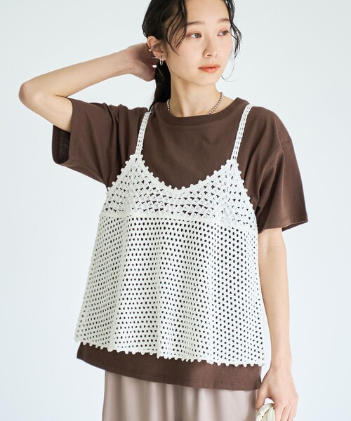 coen(コーエン)の「【セットアイテム】クロシェキャミセットT(Tシャツ/カットソー・レディース・オフホワイト/ライトグレー/ブラウン/ダークグレー・M/L)」の1枚目の写真