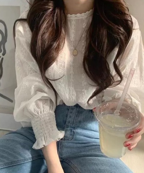 SallyLunn（サリーラン）の「レース切替 スタンドフリルブラウス（シャツ/ブラウス・レディース・ホワイト・SMALL/MEDIUM/LARGE）」の4枚目の写真