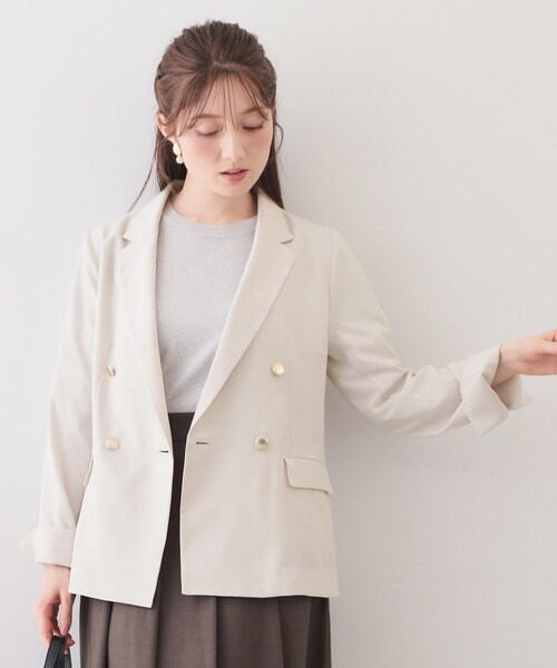 index（インデックス）の「《再入荷》ダブルブレストテーラードジャケット【接触冷感／吸水速乾／イージーアイロン／防シワ／洗濯機OK】（テーラードジャケット・レディース・ネイビー/ベージュ/ダークブラウン系7/ナチュラル・42/40/38/36/34）」の6枚目の写真