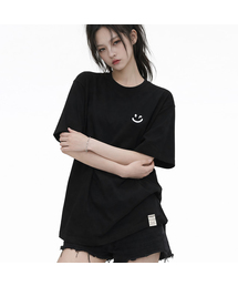 [ユニセックス]スモールドローイングスマイル半袖Tシャツ_ブラック/ホワイトロゴ