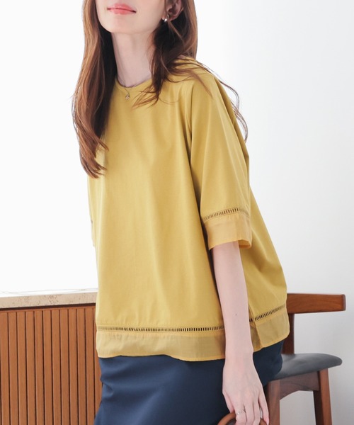 GLACIER lusso(グラシアルッソ)の「【美冷・接触冷感・UVカット】シアー切替トップス(Tシャツ/カットソー・レディース・アイボリー/ブラック/ブルー/マスタード・L/LL/M/S)」の4枚目の写真