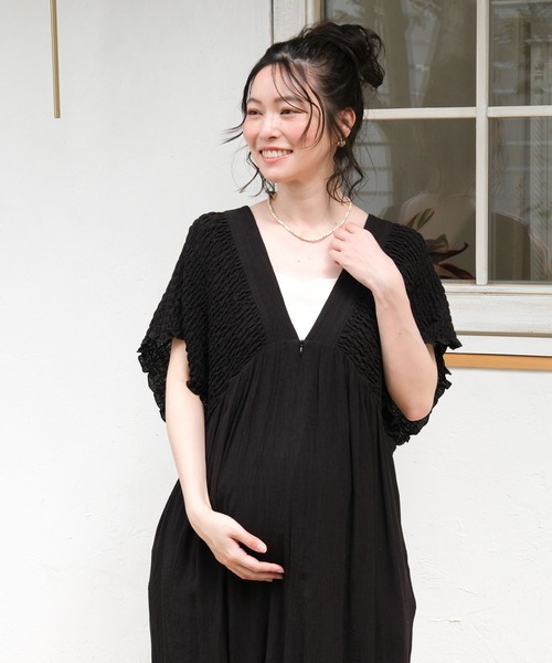 NINA　 LEPSIM マタニティ シャーリングVワンピース 産前・産後対応】マタニティ／シャーリングVワンピース 668367