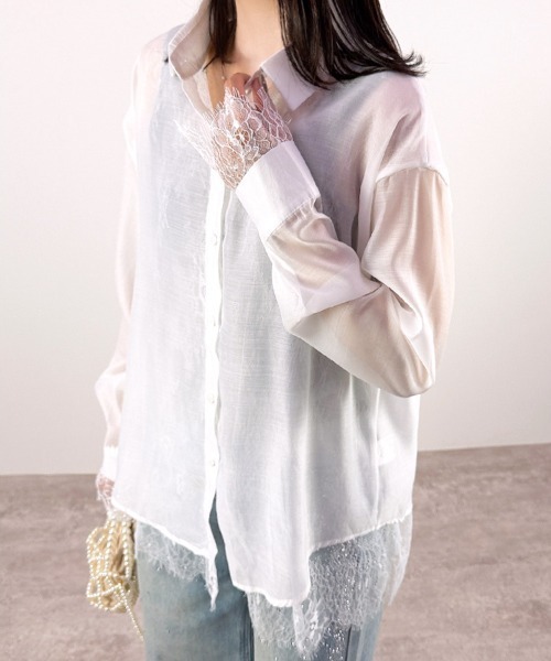 CLOTHY（クロシィ）の「【トレンドのレースレイヤードアイテム♪】レースレイヤードシアーシャツ（シャツ/ブラウス・レディース・ピンク/ブラック/オフホワイト・FREE）」の6枚目の写真
