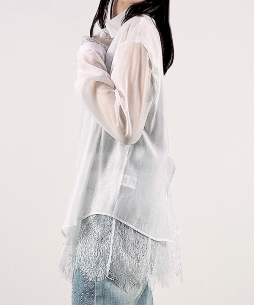 CLOTHY（クロシィ）の「【トレンドのレースレイヤードアイテム♪】レースレイヤードシアーシャツ（シャツ/ブラウス・レディース・ピンク/ブラック/オフホワイト・FREE）」の8枚目の写真