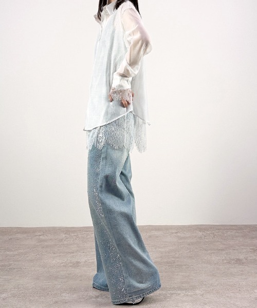 CLOTHY（クロシィ）の「【トレンドのレースレイヤードアイテム♪】レースレイヤードシアーシャツ（シャツ/ブラウス・レディース・ピンク/ブラック/オフホワイト・FREE）」の9枚目の写真