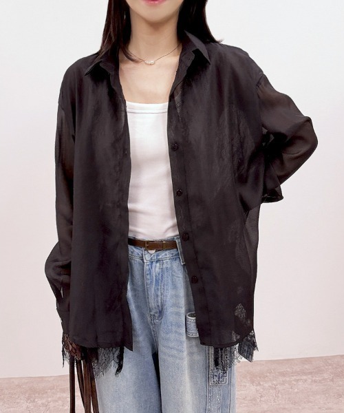 CLOTHY（クロシィ）の「【トレンドのレースレイヤードアイテム♪】レースレイヤードシアーシャツ（シャツ/ブラウス・レディース・ピンク/ブラック/オフホワイト・FREE）」の10枚目の写真