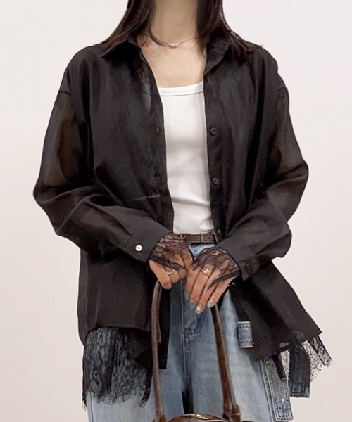 CLOTHY（クロシィ）の「【トレンドのレースレイヤードアイテム♪】レースレイヤードシアーシャツ（シャツ/ブラウス・レディース・ピンク/ブラック/オフホワイト・FREE）」の13枚目の写真
