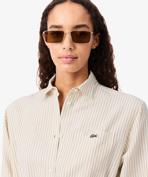 LACOSTE(ラコステ)の「リネン×リヨセルブレンド ウエストドロストシャーリング ストライプシャツドレス / シャツワンピース(シャツワンピース・レディース・ライトベージュ・38/36)」の4枚目の写真