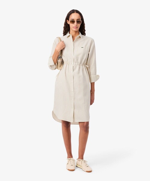 LACOSTE(ラコステ)の「リネン×リヨセルブレンド ウエストドロストシャーリング ストライプシャツドレス / シャツワンピース(シャツワンピース・レディース・ライトベージュ・38/36)」の12枚目の写真