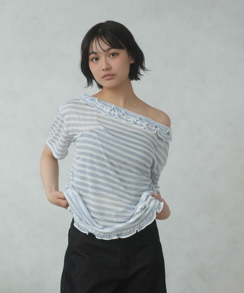FCMM(エフシーエムエム)の「FRILL BORDER TEE/フリルボーダーTEE(Tシャツ/カットソー・レディース・ライトブルー/ネイビー/ピンク・SMALL/MEDIUM)」の6枚目の写真