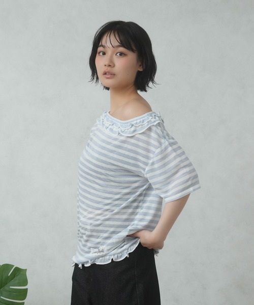 FCMM(エフシーエムエム)の「FRILL BORDER TEE/フリルボーダーTEE(Tシャツ/カットソー・レディース・ライトブルー/ネイビー/ピンク・SMALL/MEDIUM)」の7枚目の写真