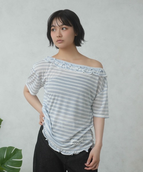 FCMM(エフシーエムエム)の「FRILL BORDER TEE/フリルボーダーTEE(Tシャツ/カットソー・レディース・ライトブルー/ネイビー/ピンク・SMALL/MEDIUM)」の8枚目の写真