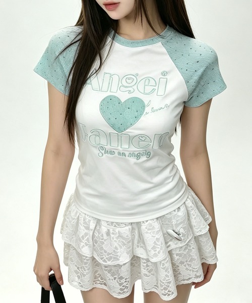 HOOK(フック)の「HOOK for girls パッチ刺繍 ハートロゴ 星柄切替 ラグランTシャツ レディース Y2K ガーリー 半袖 カットソー (SS)(Tシャツ/カットソー・レディース・ピンク/ブルー・FREE)」の3枚目の写真