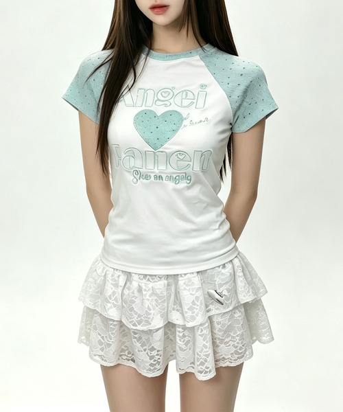 HOOK(フック)の「HOOK for girls パッチ刺繍 ハートロゴ 星柄切替 ラグランTシャツ レディース Y2K ガーリー 半袖 カットソー (SS)(Tシャツ/カットソー・レディース・ピンク/ブルー・FREE)」の4枚目の写真