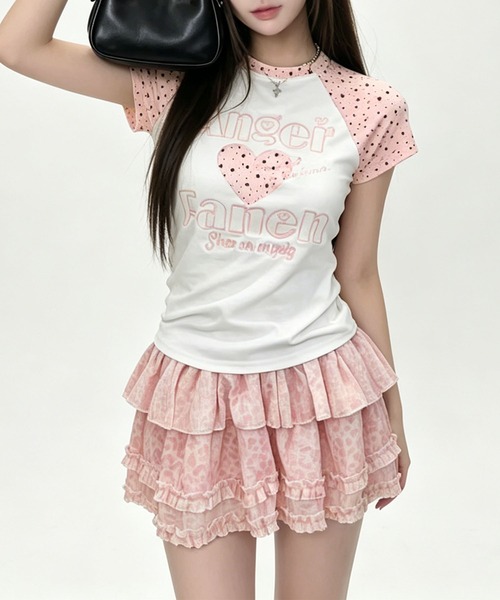 HOOK(フック)の「HOOK for girls パッチ刺繍 ハートロゴ 星柄切替 ラグランTシャツ レディース Y2K ガーリー 半袖 カットソー (SS)(Tシャツ/カットソー・レディース・ピンク/ブルー・FREE)」の6枚目の写真