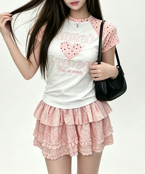 HOOK(フック)の「HOOK for girls パッチ刺繍 ハートロゴ 星柄切替 ラグランTシャツ レディース Y2K ガーリー 半袖 カットソー (SS)(Tシャツ/カットソー・レディース・ピンク/ブルー・FREE)」の7枚目の写真