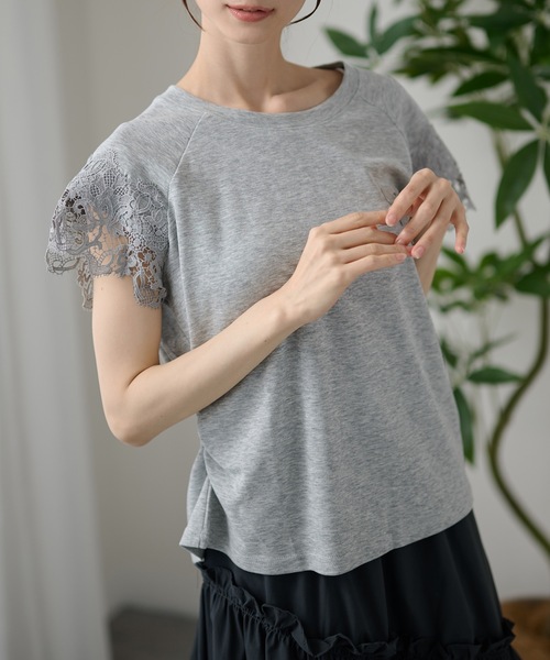 DAYRA(デイラ)の「レース 袖 半袖 ギャザー トップス(Tシャツ/カットソー・レディース・グレー/ホワイト/ブラック・FREE)」の3枚目の写真