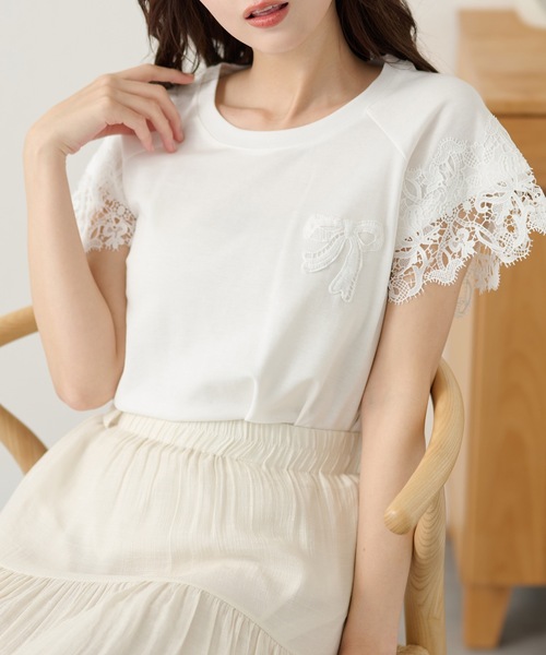 DAYRA(デイラ)の「レース 袖 半袖 ギャザー トップス(Tシャツ/カットソー・レディース・グレー/ホワイト/ブラック・FREE)」の2枚目の写真