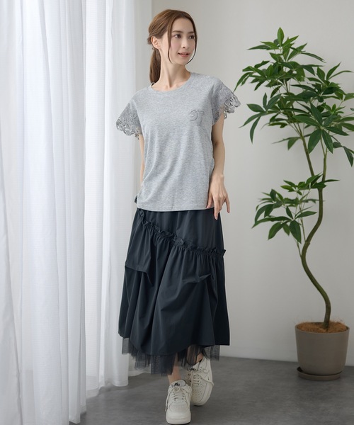 DAYRA(デイラ)の「レース 袖 半袖 ギャザー トップス(Tシャツ/カットソー・レディース・グレー/ホワイト/ブラック・FREE)」の11枚目の写真