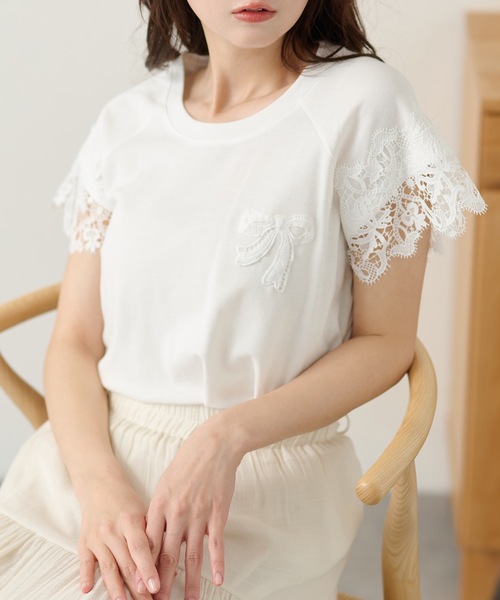 DAYRA(デイラ)の「レース 袖 半袖 ギャザー トップス(Tシャツ/カットソー・レディース・グレー/ホワイト/ブラック・FREE)」の6枚目の写真