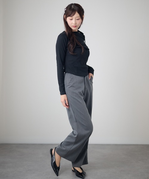 DAYRA(デイラ)の「リボンショルダー アシンメトリー 長袖 リブ トップス(Tシャツ/カットソー・レディース・ブラック/チャコールグレー/グリーン・FREE/S)」の7枚目の写真