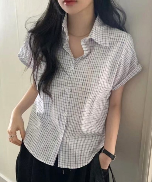 Vipoa(ヴィポア)の「Roll up check shirt(シャツ/ブラウス・レディース・ブルー/アイボリー/ピンク/ホワイト・FREE)」の1枚目の写真