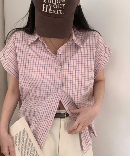Vipoa(ヴィポア)の「Roll up check shirt(シャツ/ブラウス・レディース・ブルー/アイボリー/ピンク/ホワイト・FREE)」の4枚目の写真
