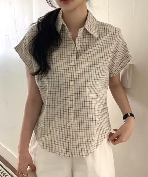 Vipoa(ヴィポア)の「Roll up check shirt(シャツ/ブラウス・レディース・ブルー/アイボリー/ピンク/ホワイト・FREE)」の9枚目の写真