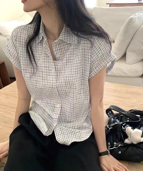 Vipoa(ヴィポア)の「Roll up check shirt(シャツ/ブラウス・レディース・ブルー/アイボリー/ピンク/ホワイト・FREE)」の12枚目の写真