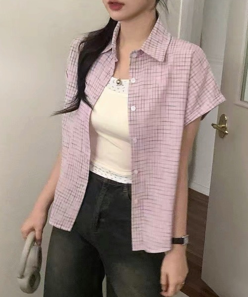 Vipoa(ヴィポア)の「Roll up check shirt(シャツ/ブラウス・レディース・ブルー/アイボリー/ピンク/ホワイト・FREE)」の5枚目の写真