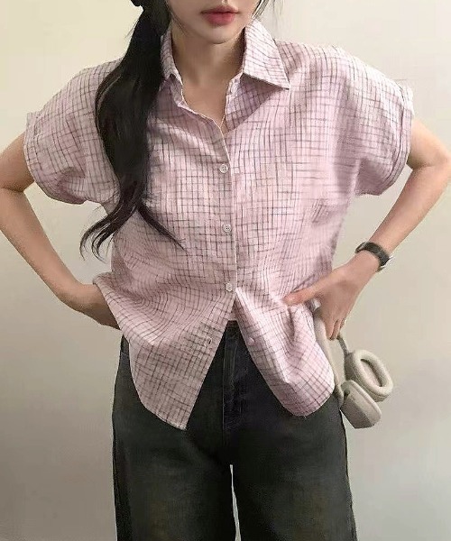 Vipoa(ヴィポア)の「Roll up check shirt(シャツ/ブラウス・レディース・ブルー/アイボリー/ピンク/ホワイト・FREE)」の6枚目の写真