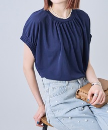 【接触冷感・速乾・マシンウォッシャブル】ギャザーネック とろみフレンチスリーブブラウス