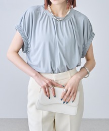 【接触冷感・速乾・マシンウォッシャブル】ギャザーネック とろみフレンチスリーブブラウス