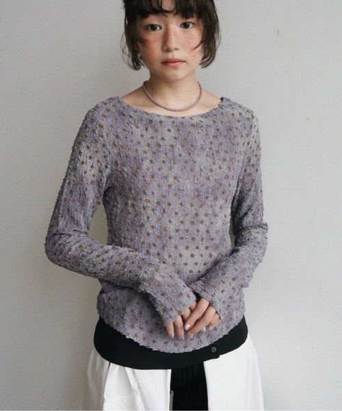 musubore(ムスボレ)の「popcorn shirring gradation top / シャーリングプリントトップス(Tシャツ/カットソー・レディース・ブラウン/パープル/ベージュ・FREE)」の3枚目の写真