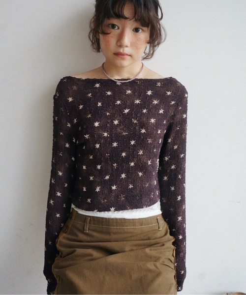 musubore(ムスボレ)の「popcorn shirring gradation top / シャーリングプリントトップス(Tシャツ/カットソー・レディース・ブラウン/パープル/ベージュ・FREE)」の1枚目の写真