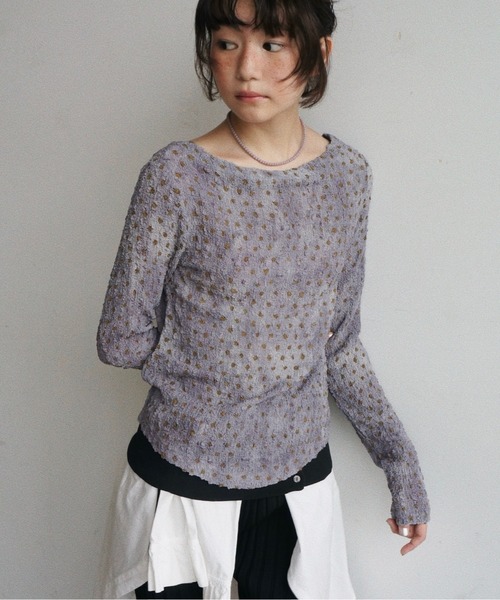 musubore(ムスボレ)の「popcorn shirring gradation top / シャーリングプリントトップス(Tシャツ/カットソー・レディース・ブラウン/パープル/ベージュ・FREE)」の9枚目の写真