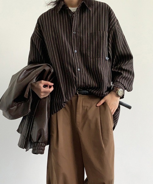 KELVIN(ケルヴァン)の「Pin Stripe Oversize Shirt ピンストライプオーバーサイズシャツ(シャツ/ブラウス・メンズ・ブラウン・MEDIUM/LARGE)」の2枚目の写真