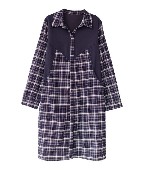 LUCPY(ラクピー)の「異素材切替 チェックシャツワンピース(ワンピース・レディース・ブルー・SMALL/MEDIUM/LARGE)」の5枚目の写真