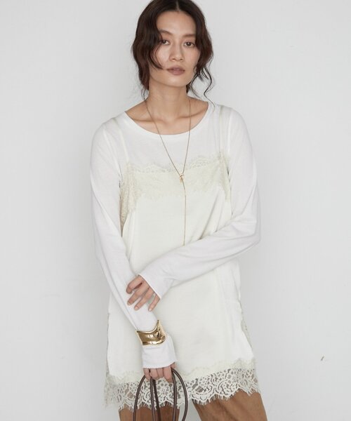 LOUNGEDRESS(ラウンジドレス)の「サテンレースキャミチュニック レイヤード(キャミソール・レディース・チャコールグレー/アイボリー/ベージュ・FREE)」の4枚目の写真