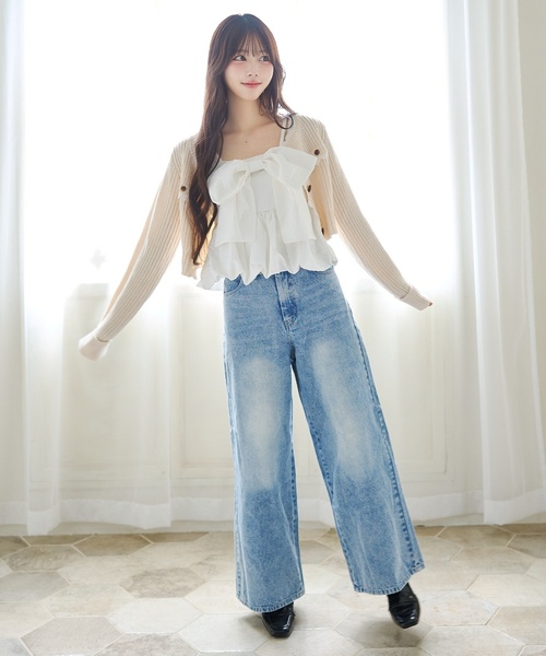 Mi-je(ミジェ)の「ハートレースアップワイドデニムパンツ(その他パンツ・レディース・ダークブルー/ライトブルー・S/M)」の3枚目の写真