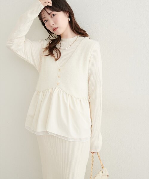 natural couture(ナチュラルクチュール)の「異素材ペプラムベスト×ニットワンピース(ワンピース・レディース・ブラウン/オフホワイト/モカ/ブラック・MEDIUM/LARGE)」の7枚目の写真