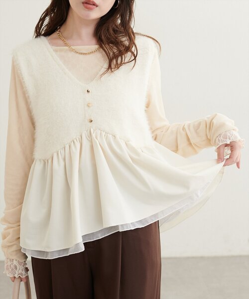 natural couture(ナチュラルクチュール)の「異素材ペプラムベスト×ニットワンピース(ワンピース・レディース・ブラウン/オフホワイト/モカ/ブラック・MEDIUM/LARGE)」の11枚目の写真