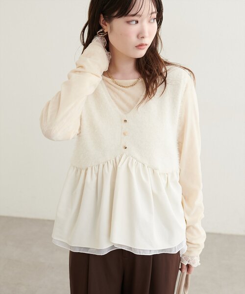 natural couture(ナチュラルクチュール)の「異素材ペプラムベスト×ニットワンピース(ワンピース・レディース・ブラウン/オフホワイト/モカ/ブラック・MEDIUM/LARGE)」の12枚目の写真