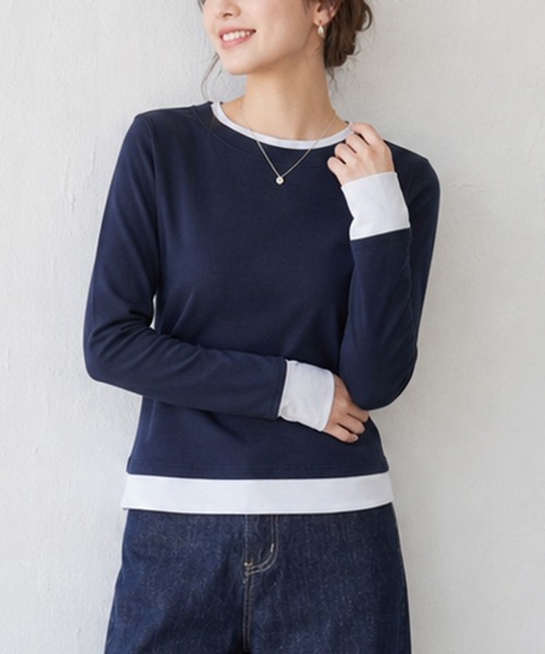 JOCOSA(ジョコサ)の「レイヤード風 シンプルロングTシャツ(Tシャツ/カットソー・レディース・ブラック/ネイビー/グレー・M/S/L)」の3枚目の写真