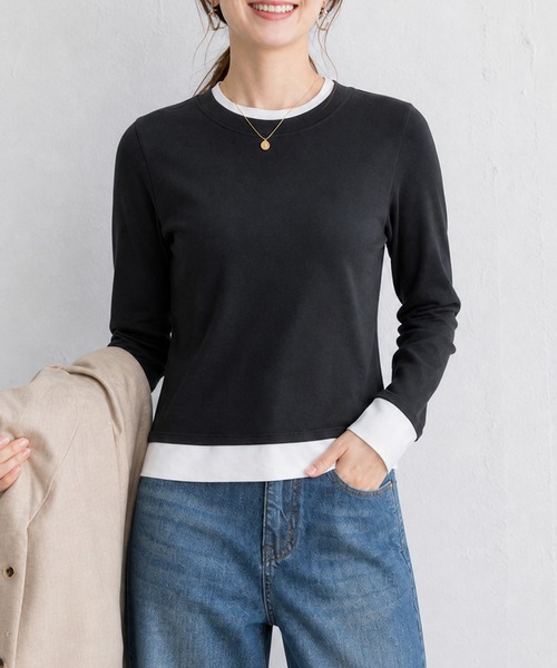 JOCOSA(ジョコサ)の「レイヤード風 シンプルロングTシャツ(Tシャツ/カットソー・レディース・ブラック/ネイビー/グレー・M/S/L)」の1枚目の写真